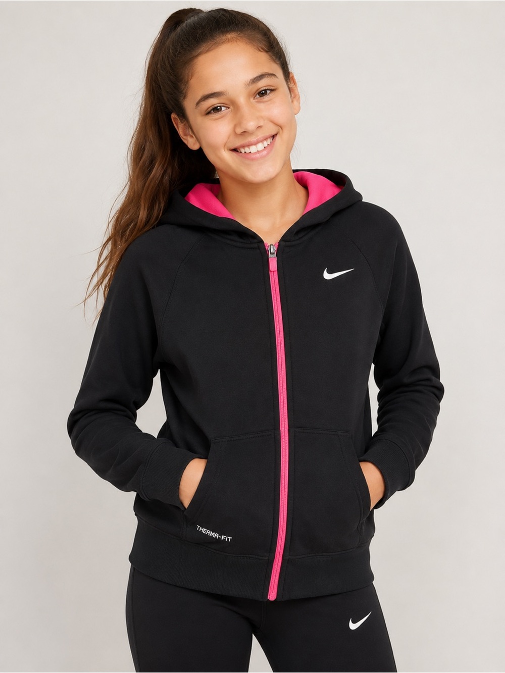 Nike Therma-FIT Hoodie Kids XL Black Pink Full Zip Athletic Warm